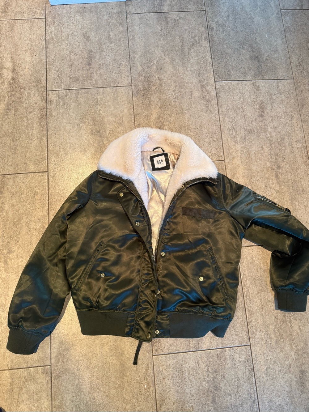 GAP Satin Olive Bomber Jacket with Cream Faux Shearling Collar
